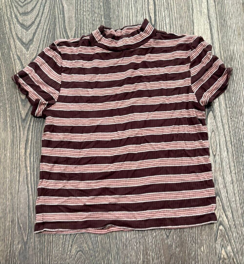 American Eagle Womens Soft & Sexy Rib Top Mock Neck Striped Brown Pink Size S